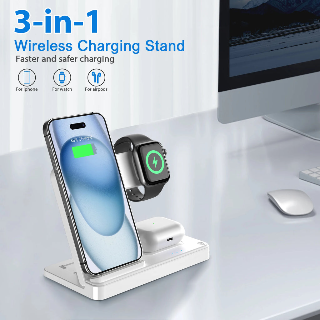 3-in-1 Magnetic Wireless Charger Stand 15W | iPhone + Apple Watch + AirPods Dock
