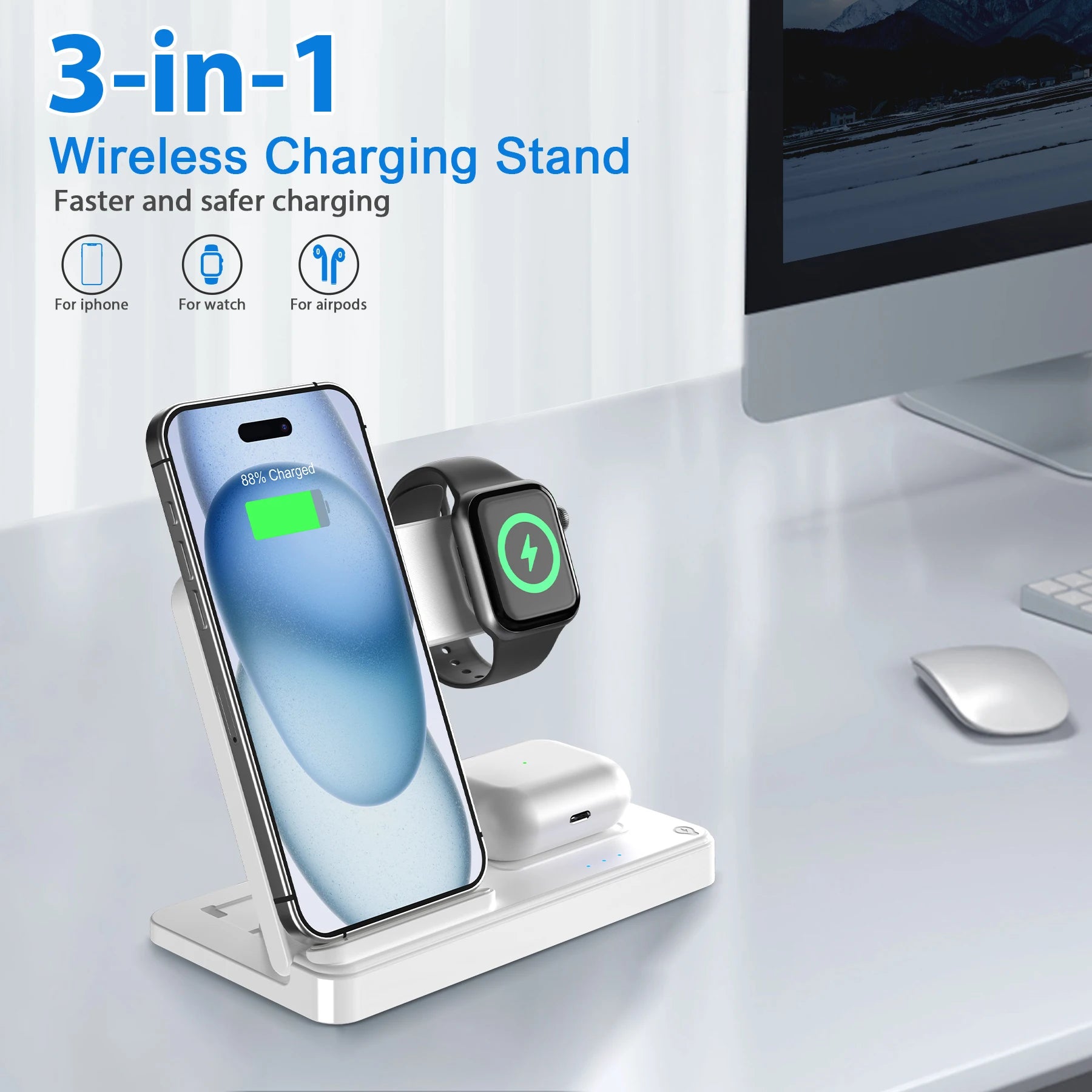 3-in-1 Magnetic Wireless Charger Stand 15W | iPhone + Apple Watch + AirPods Dock