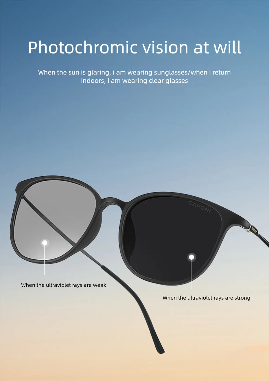 CAPONI Oval Men's Sunglasses Photochromic Polarized Sun Glasses For Men Protect UV Ray Super Light Driving Black Glasses BS520