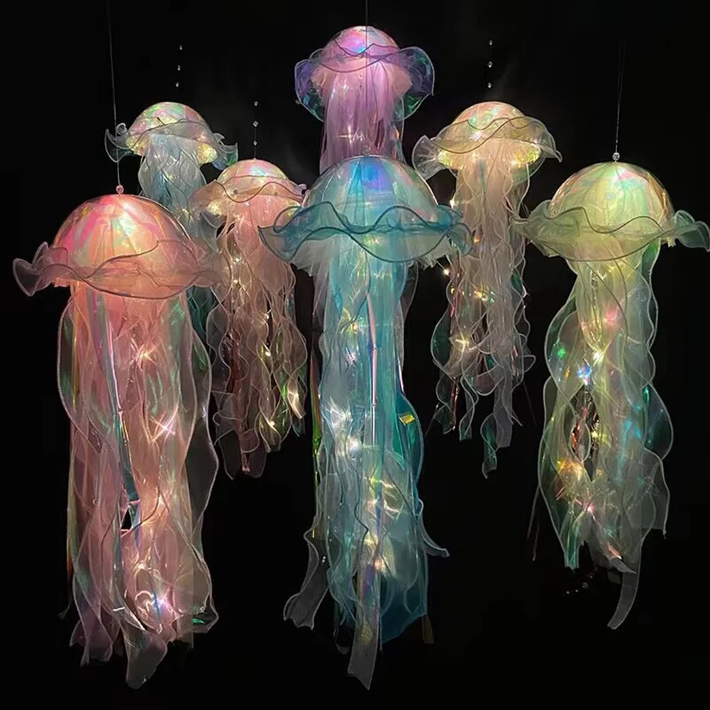 Jellyfish Colorful Nightlight Button Battery Hanging Ceiling Lantern with Ribbon&Bead LED Bulbs for Children Bedroom