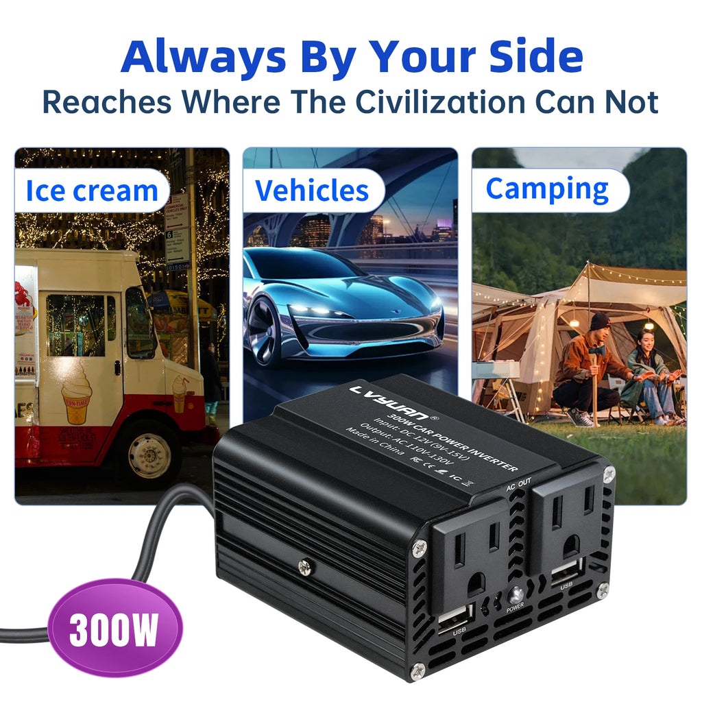Inversor de Corriente Foval 300W | DC 12V a AC 110V/220V | Dual USB | Cargador Coche | Enchufe EU/US - Firu Total Sales