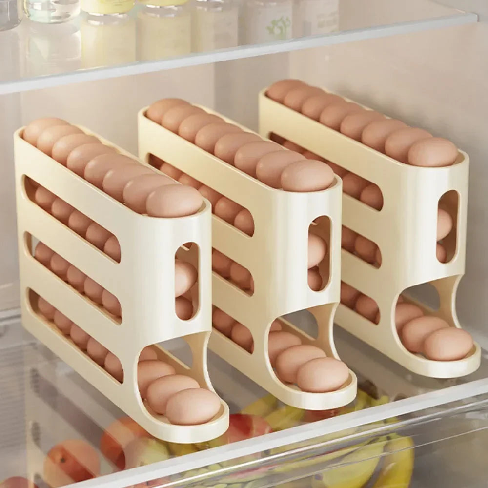 4-Layer Automatic Rolling Egg Holder | Fridge Organizer | Space-Saving Egg Dispenser
