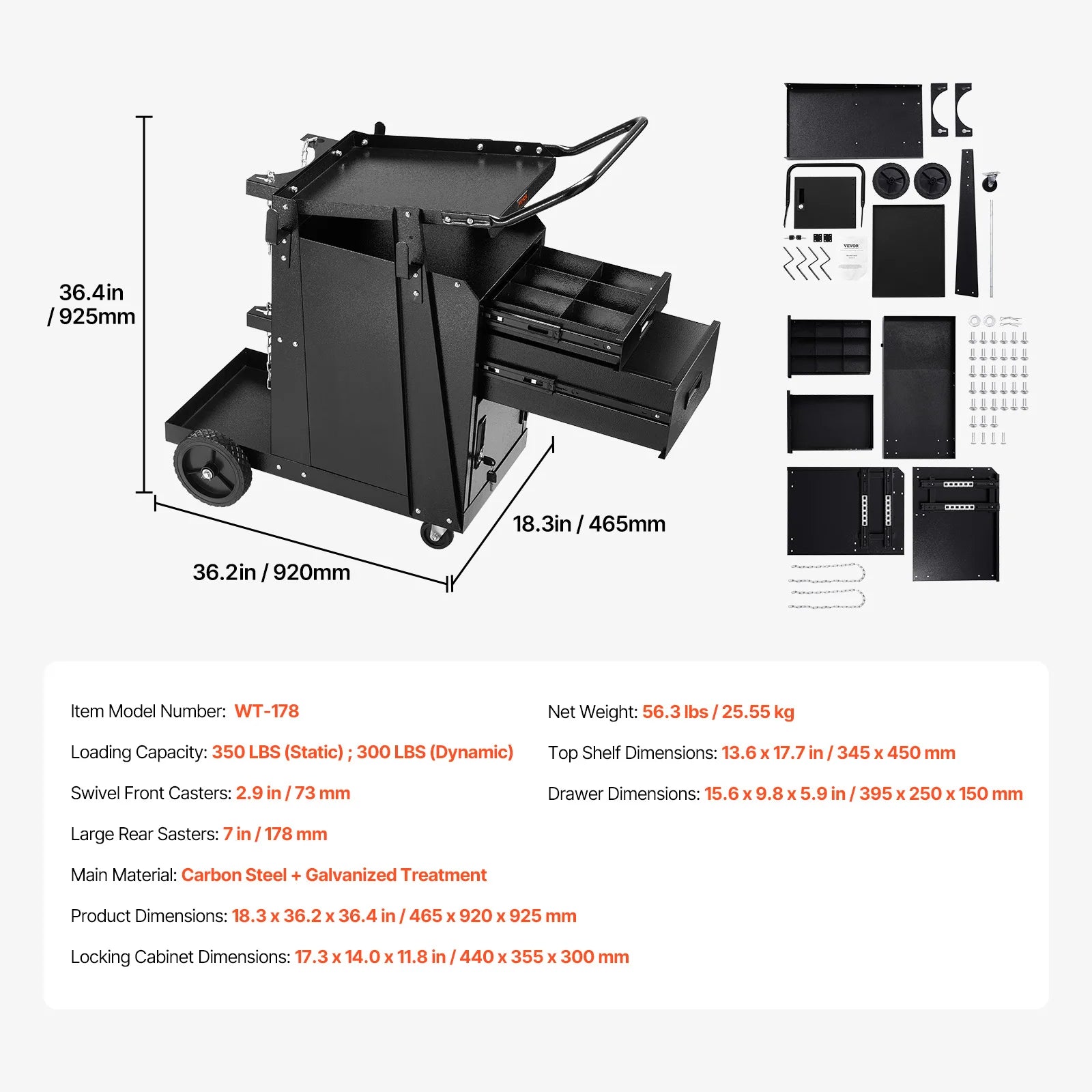 SucceBuy Welding Cart 2 Drawers Welder Cart Heavy Duty Welding Workbench Table with 360° Swivel Wheels Safety Chains Mig Welder