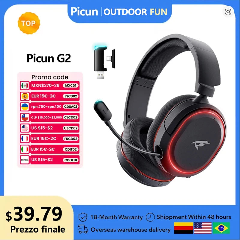 Picun G2 Gaming Headset 2.4G Wireless | 7.1 Surround ENC Mic | PC PS4 PS5 Switch