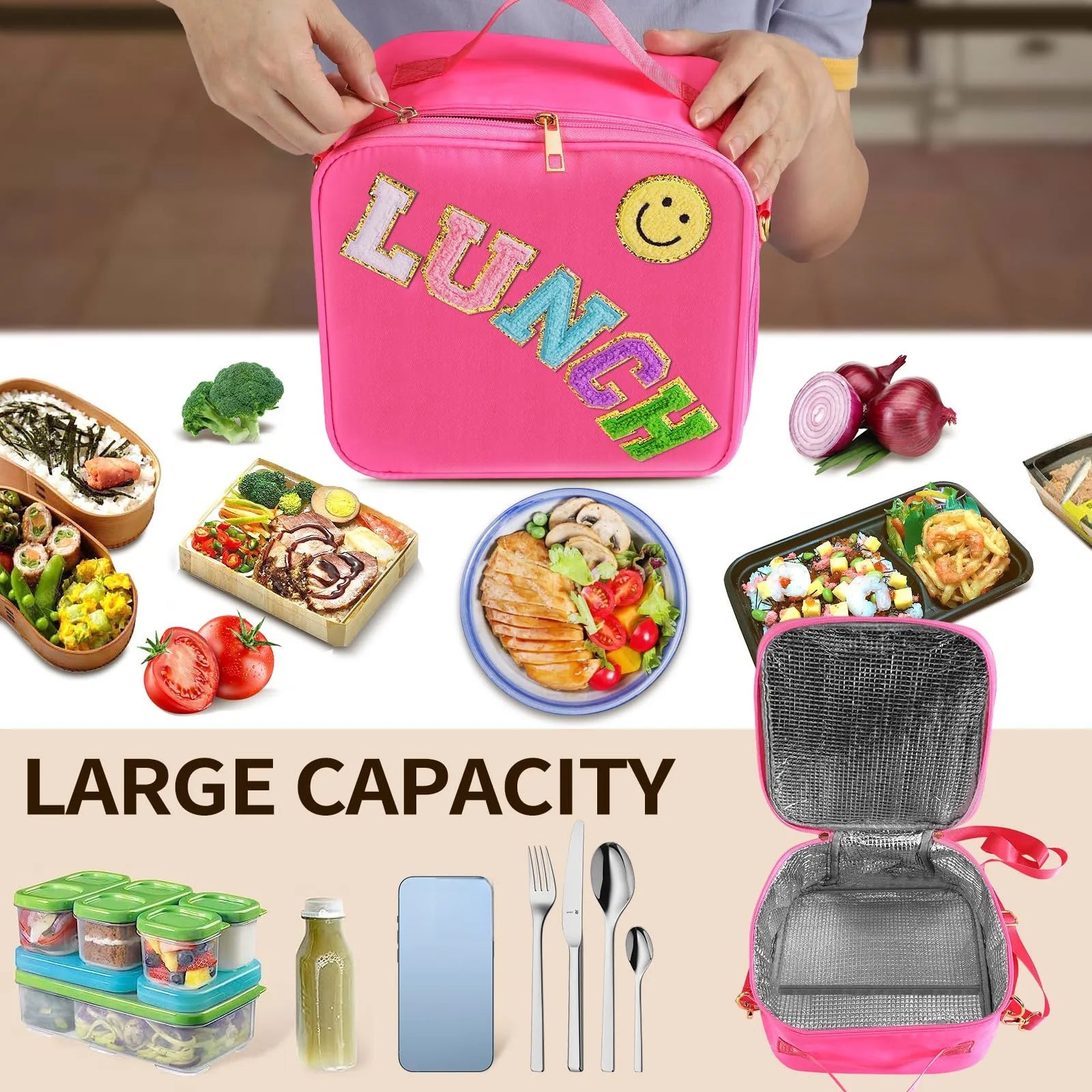 Adjustable Strap Insulated Lunch Bag, Nylon Lunch Box Insulated Bag, With Chenille Letter Patch Decor, For School Travel PicnicB
