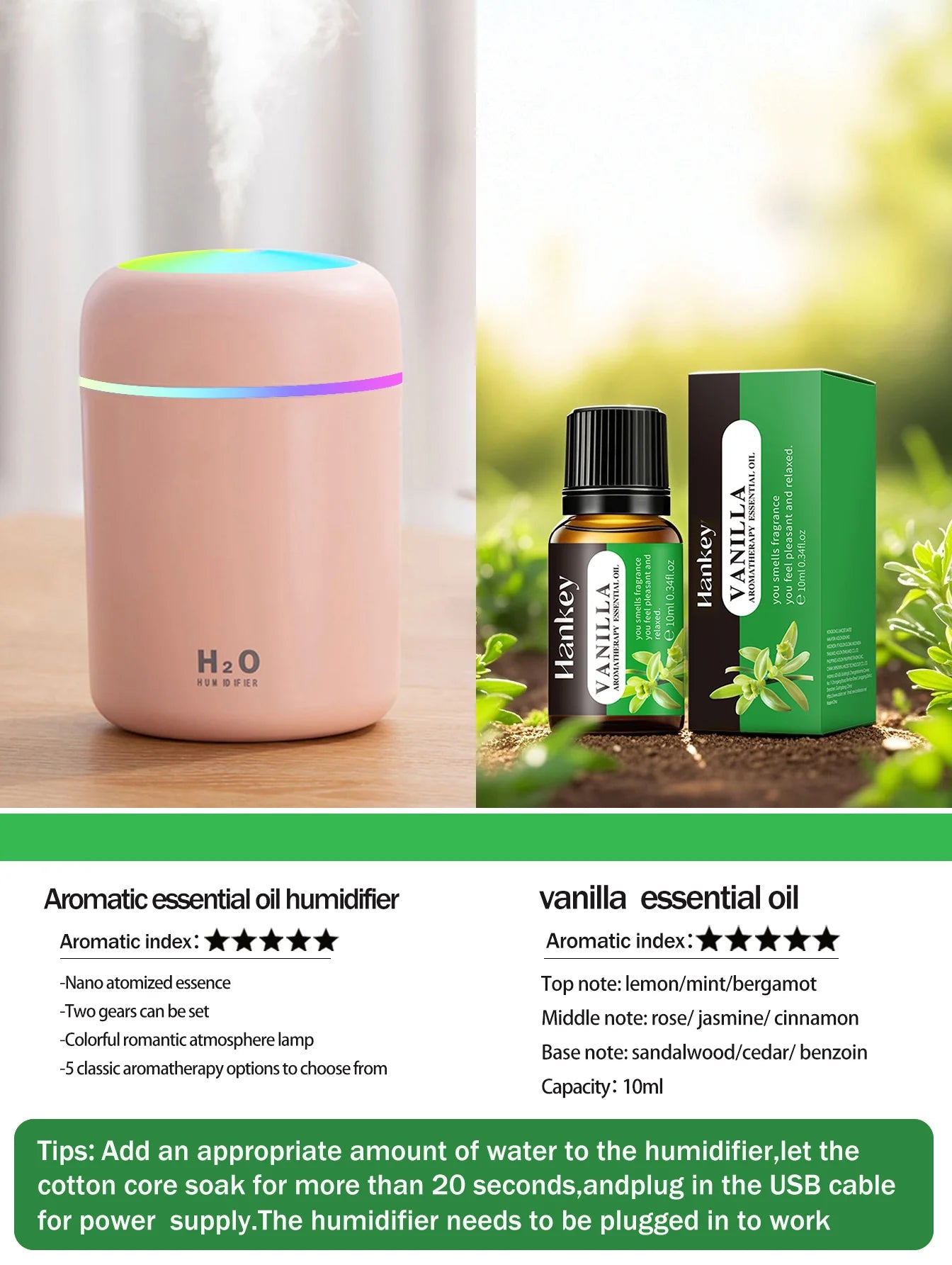 Difusor Aromaterapia 300ML | Purificador de Aire | Luz 7 Colores | Auto y Hogar 🌿