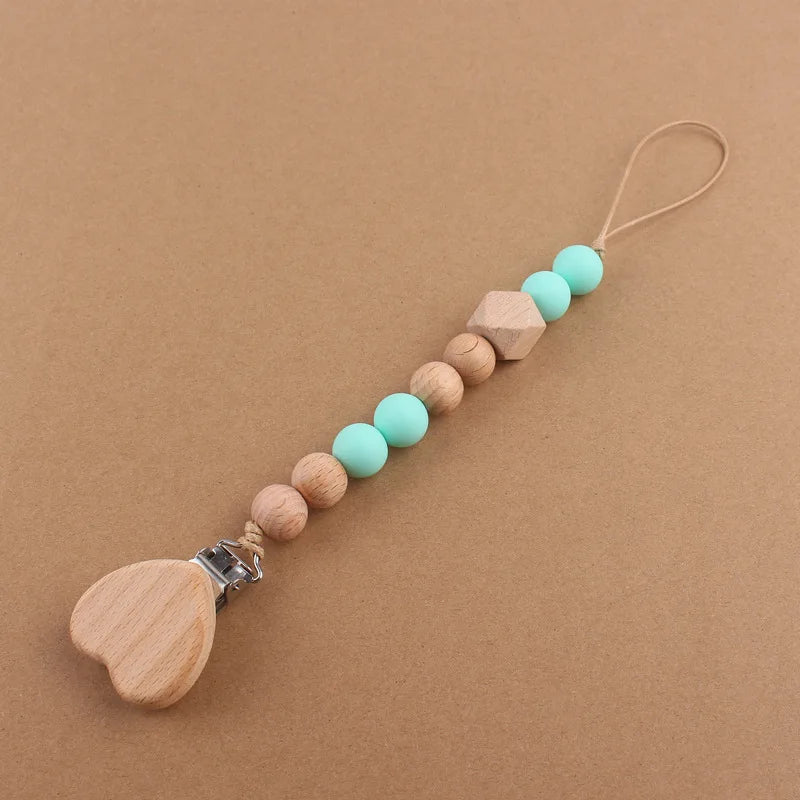 Baby products cartoon love beechwood pacifier clip creative baby silicone beads bite teeth pacifier chain