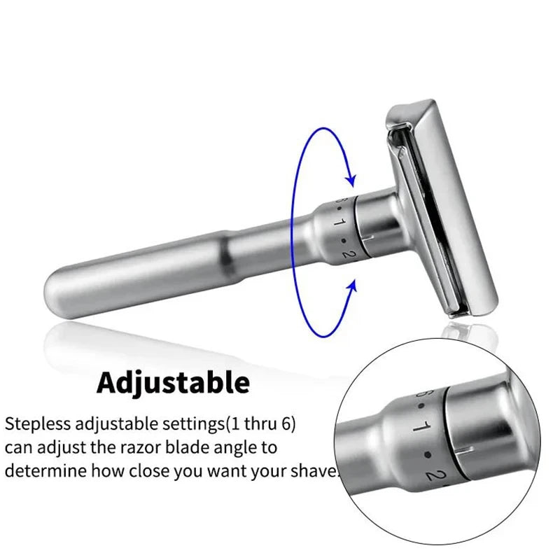 Adjustable Safety Razor 1-6 Settings for Mild to Aggressive Shave, Double Edge Men's Razor with 5 Blades for Precise Control