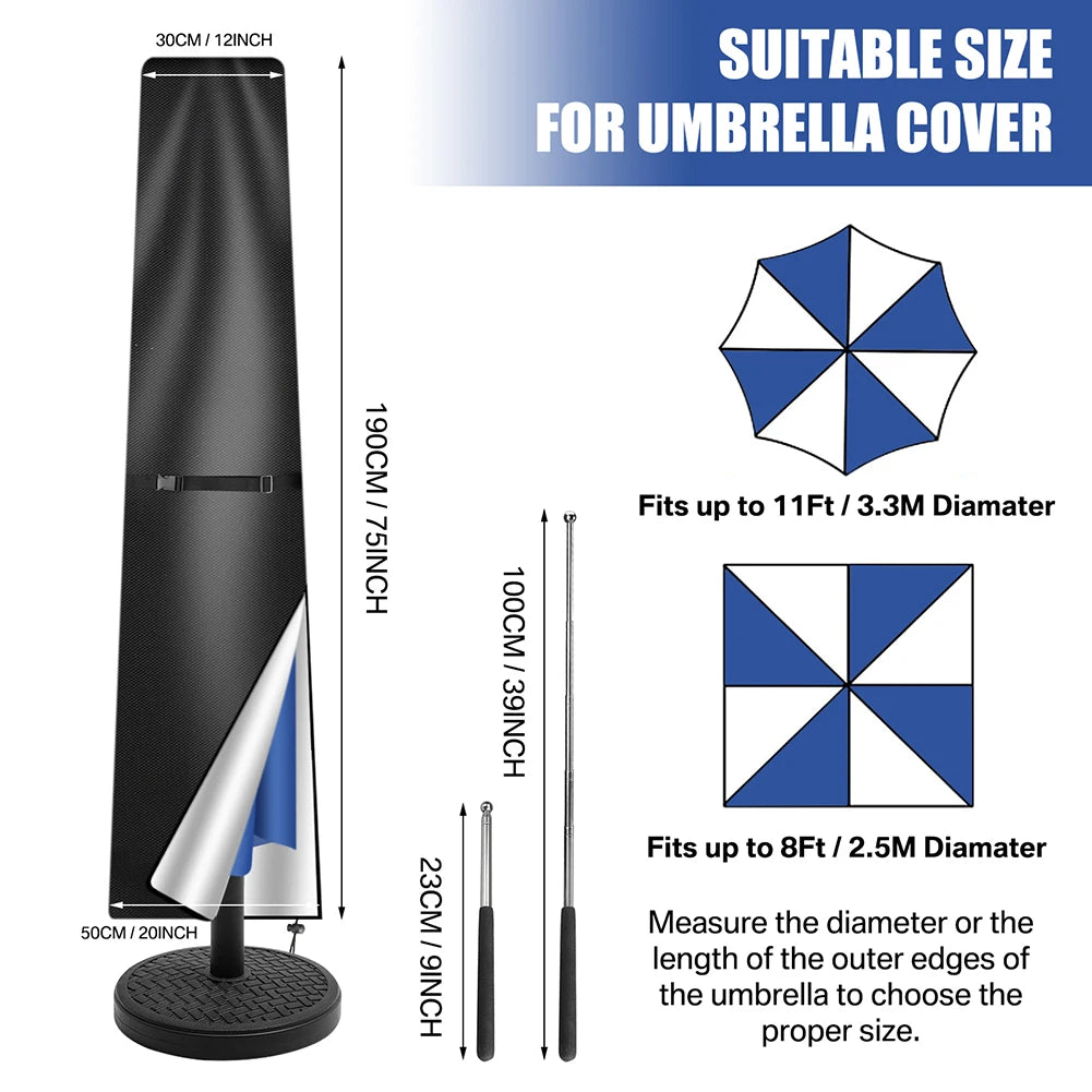 210D Straight Parasol Cover Waterproof Parasol Protective Cover with Zip Weatherproof UV-Anti Windproof Garden Umbrella Cover