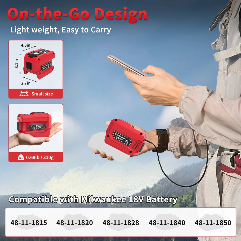 Kzreect Inversor 200W | Batería Milwaukee 18V | AC 110V | 4 Salidas | LED 300LM | Camping y Auto