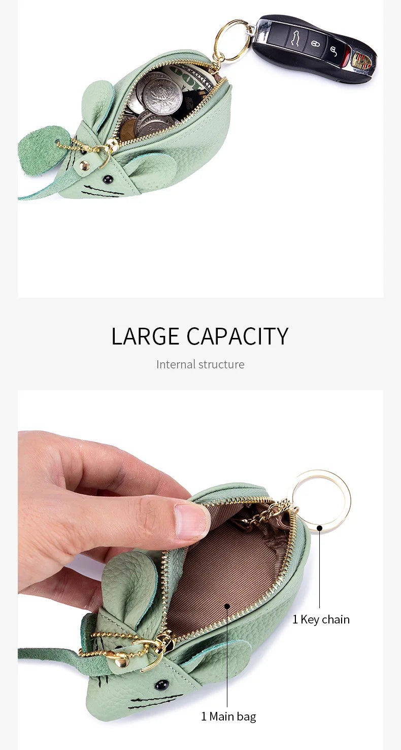 A8077 Cute Animal Design Lady Lipstick Bag Fashion Key Case Wallet Full Grain Cow Leather Vivid Lovely Mini Mouse Shape Purse