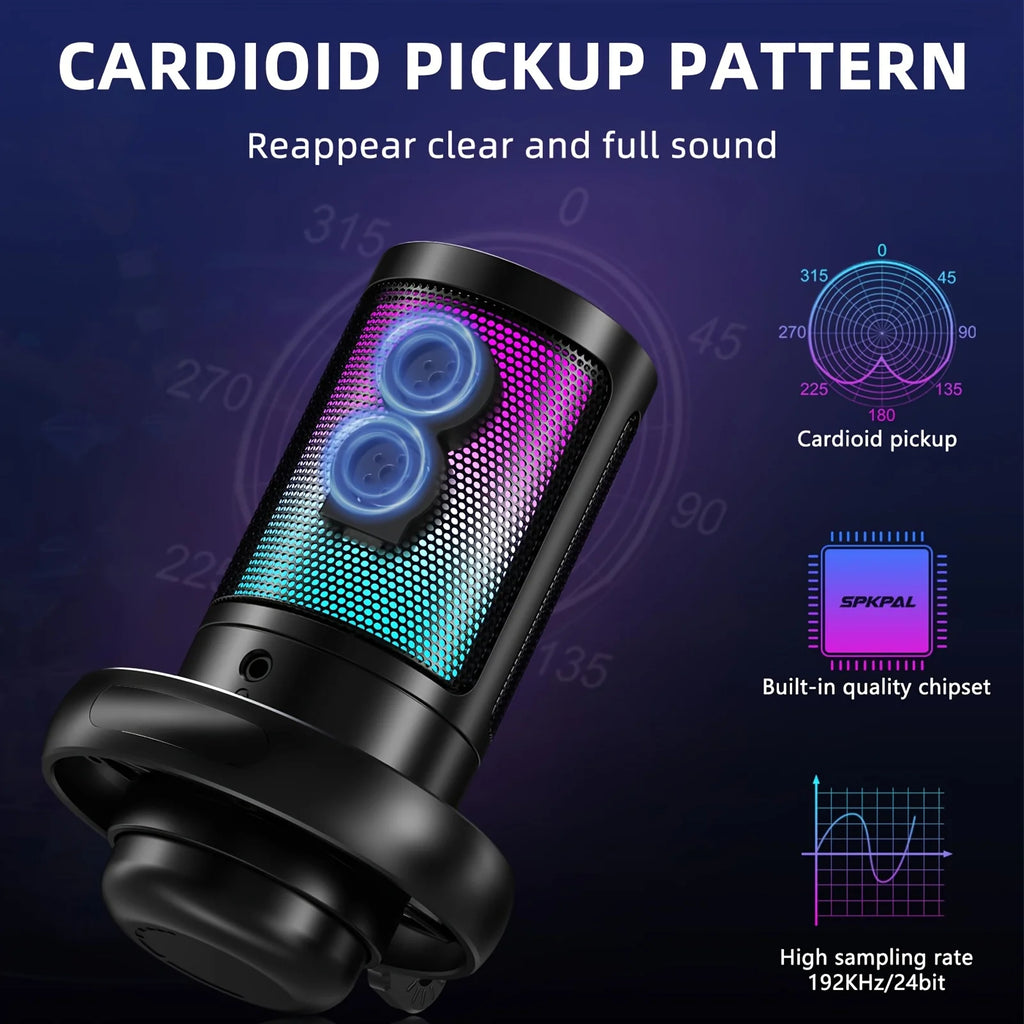 Microphone, USB PC Mic For Podcasts Videos, Streaming, Condenser Mic With Quick Mute, Tripod Stand, Pop Filter, RGB Indicator, S