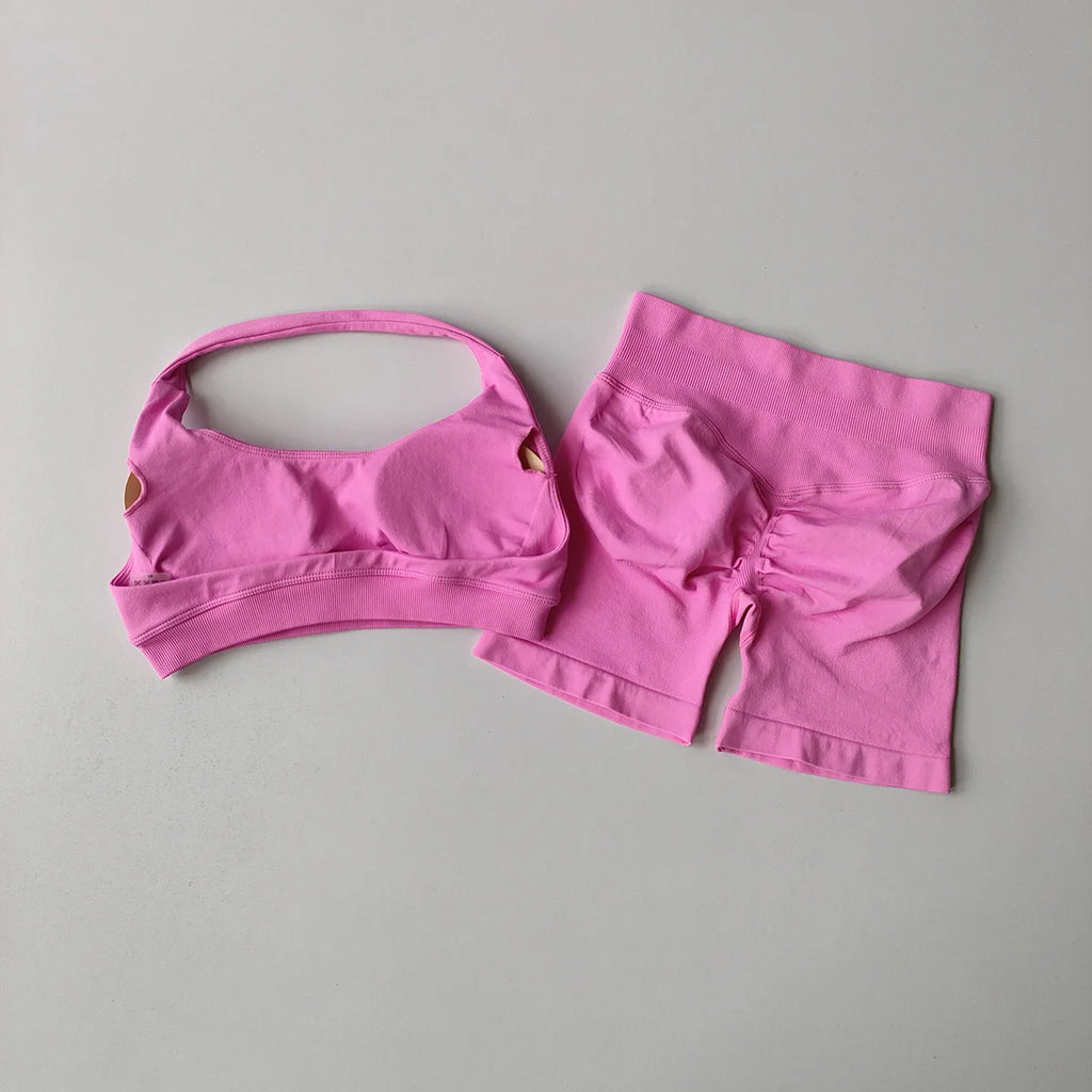 2 Pieces Yoga Suit for Women Seamless Fitness Gym Clothes Halter Sports Bra Matching Impact Shorts Workout Sets Gym Outfit