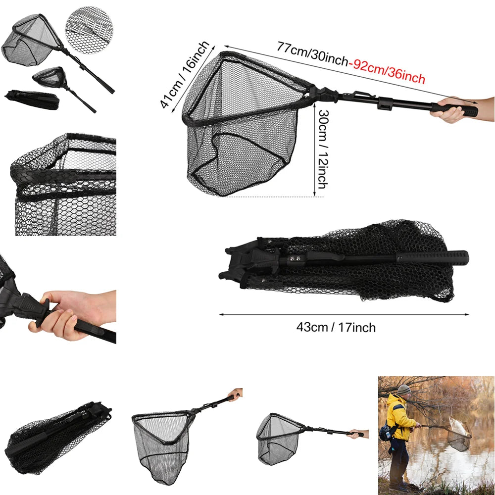 Collapsible Fishing Landing Net with Telescoping Pole Handle Extend to 190cm 100cm 80cm Fishing Net For Saltwater Freshwater