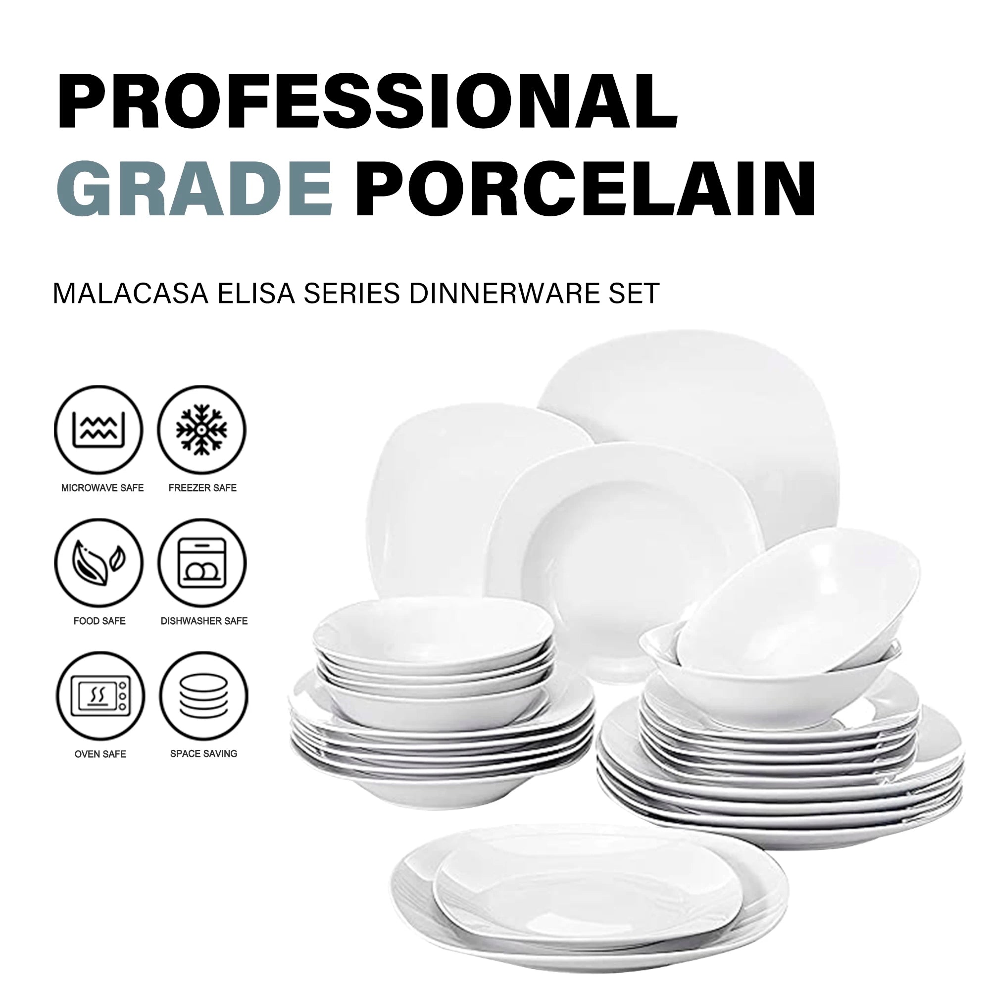MALACASA Elisa 24-Piece Ceramic Porcelain Tableware Dinner Set Cereal Bowls Soup Dessert Plate Dinnerware Serive for 6 Person