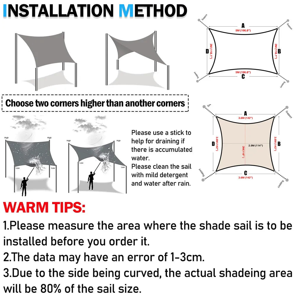 2x3/3x4/4x5/5x6M Sun Shade Sail Waterproof Outdoor Square Rectangle Garden Patio UV Block Party Canopy Pool Camp Awning Shelter