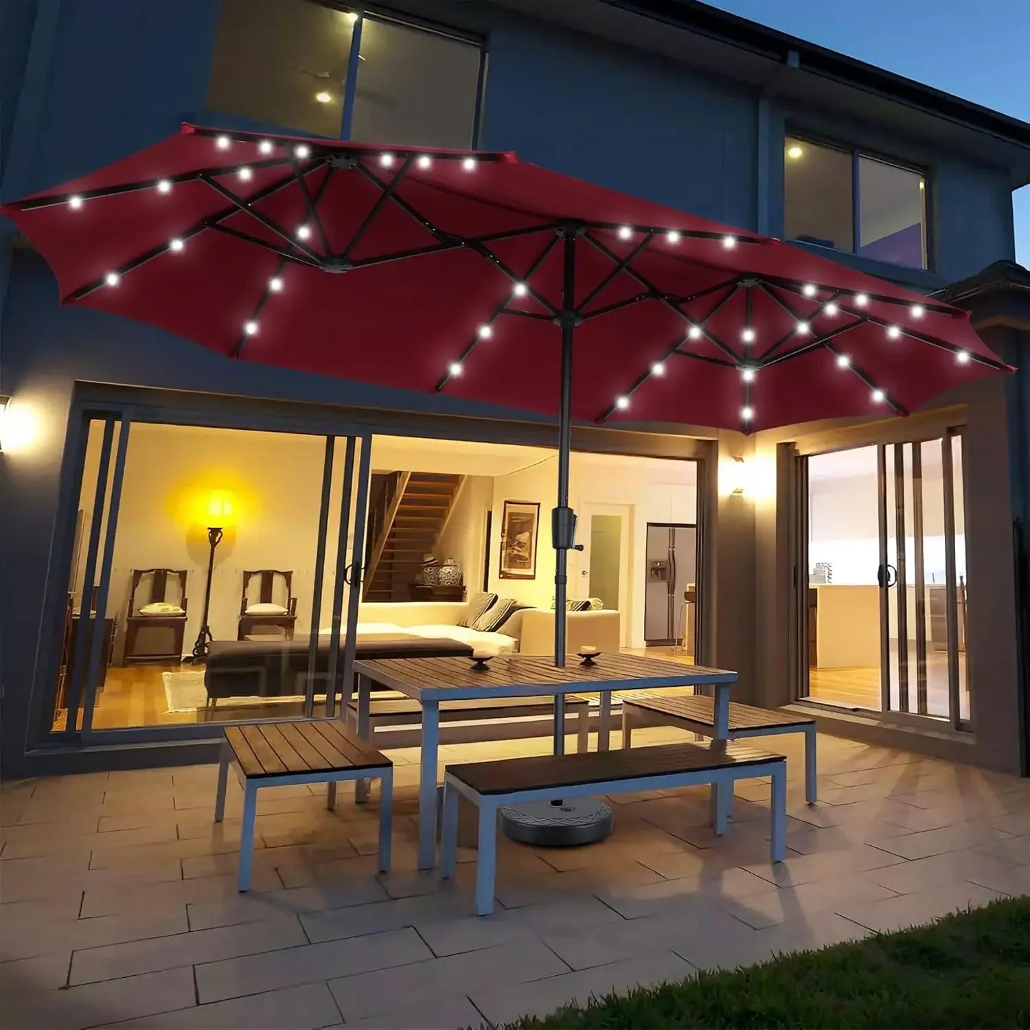 13ft Rectangular Patio Umbrella with 36 Solar LED Lights, Ultimate Sun Protection, Easy To Shake, for Deck, Garden, Khaki