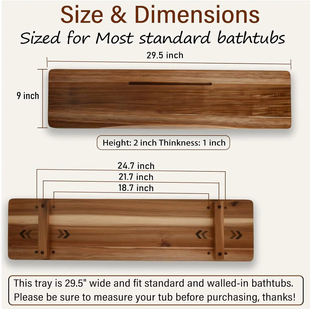 Premium Acacia Wood Bathtub Tray Caddy for Standard Tub, 29.5" L Adjustable Bath Tray for Tub, Luxury Spa Bathroom Tray