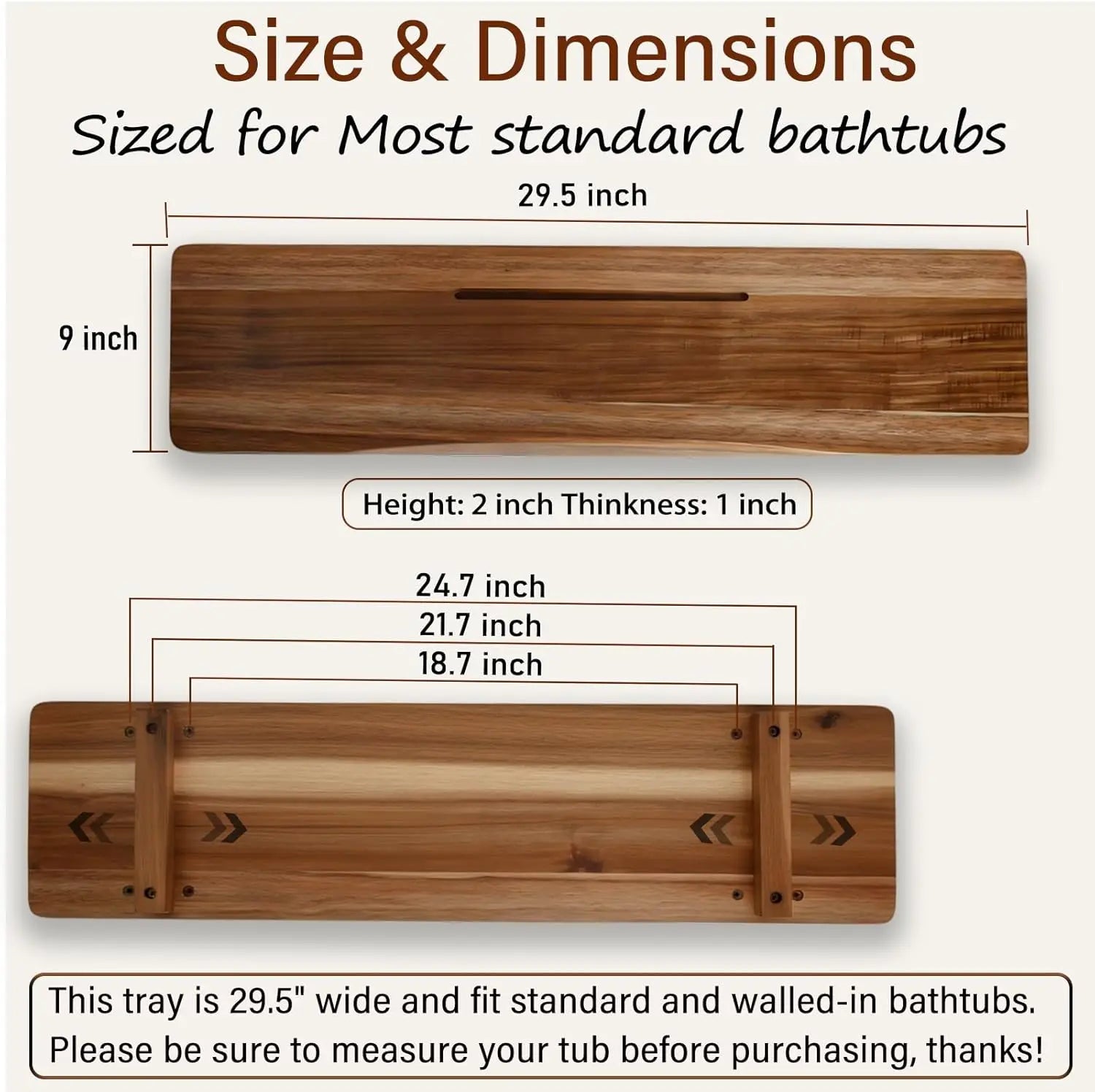 Premium Acacia Wood Bathtub Tray Caddy for Standard Tub, 29.5" L Adjustable Bath Tray for Tub, Luxury Spa Bathroom Tray