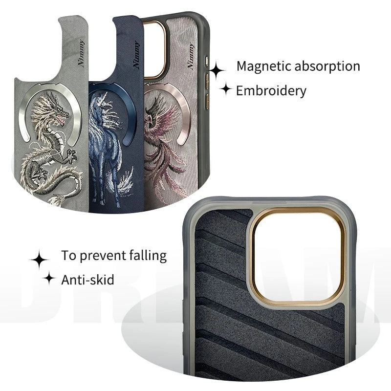 Dragon Phoenix 3D Embroidery Protective Case For iPhone 16 Pro Max Magnetic Wireless Charger Trend Original Fashion Cover - Firu Total Sales