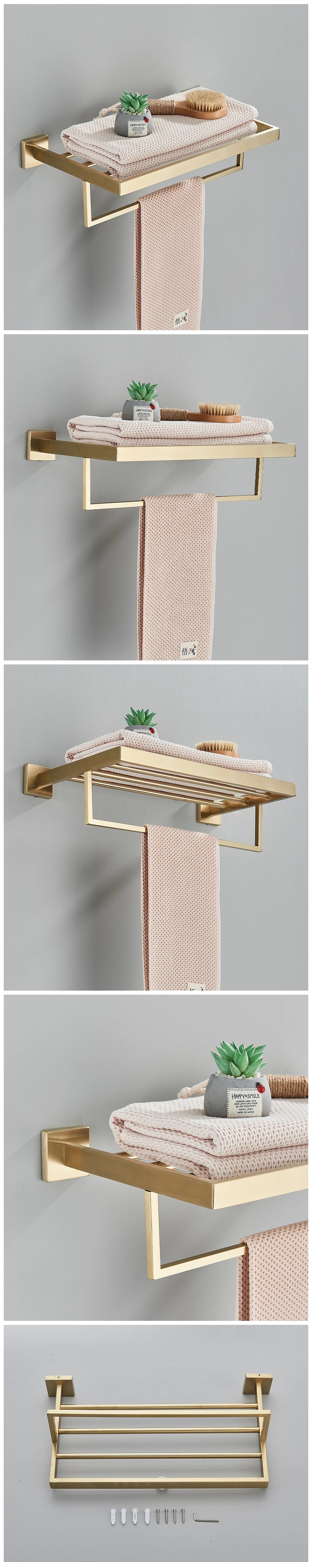 Brushed GoldBathroom Hardware Set Kit Accessories Wall Shelf Towel Bar Rack Rail Robe Hanger Toilet Brush Roll Paper Holder Dish