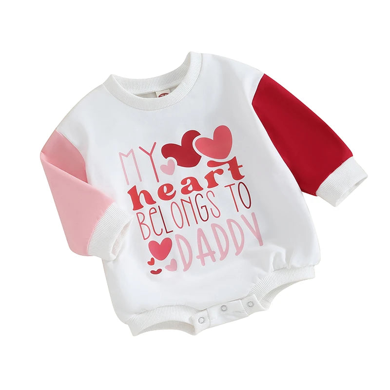 Infant Girls Valentine s Day Jumpsuit with Heart Print and Long Sleeve Crew Neck Contrast Color Sweatshirt Romper - Firu Total Sales