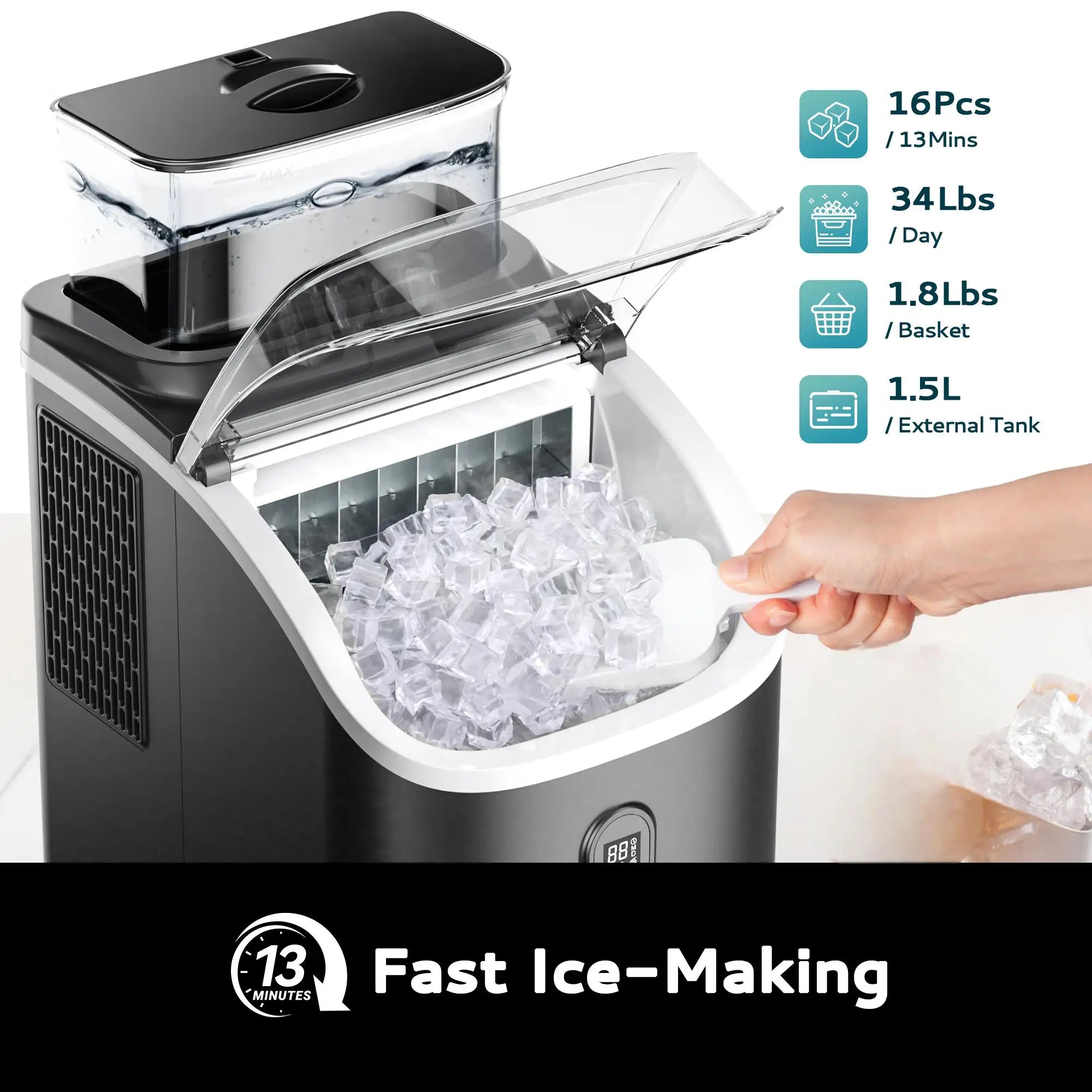 Máquina de Hielo Portátil EUHOMY | 15kg/24h | 9 Cubos en 6 Min | Autolimpiante