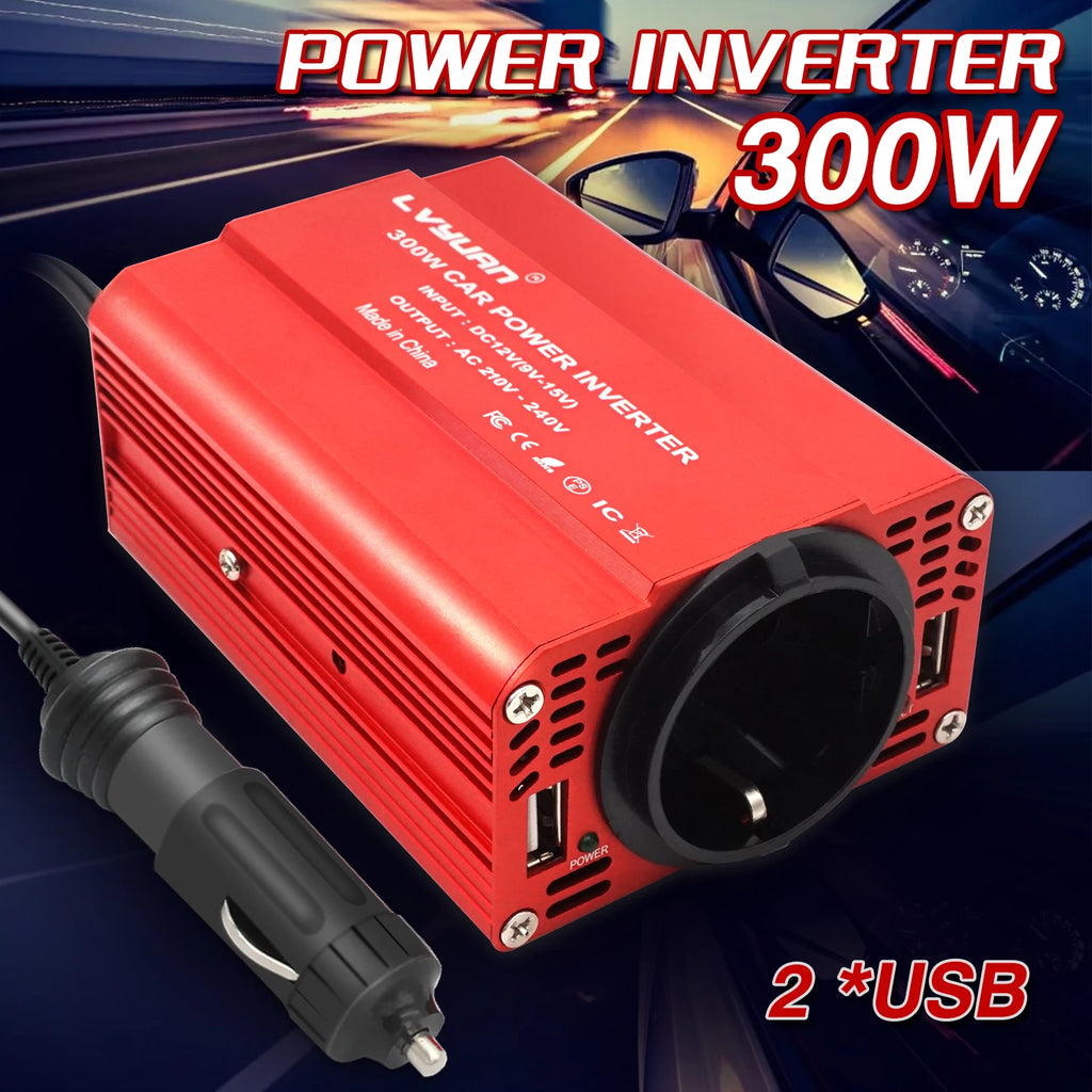 Inversor de Corriente Foval 300W | DC 12V a AC 110V/220V | Dual USB | Cargador Coche | Enchufe EU/US - Firu Total Sales