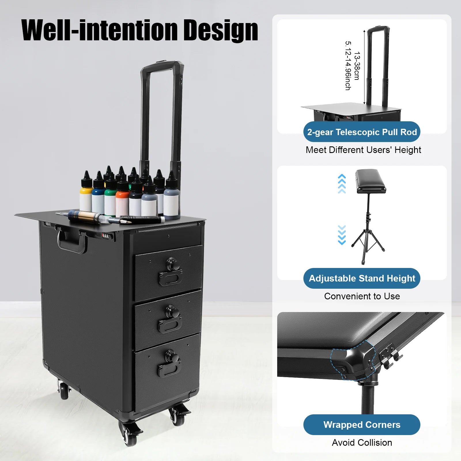 Tattoo Suitcase Mobile Tattoo Trolley Case Rolling Makeup Train Case W/ 3 Drawers for Nail Art Embroidery Hairdressing