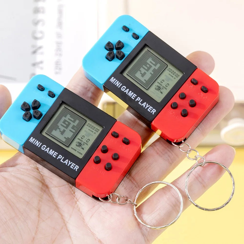 Blue Retro Mini Handheld Game Console Keychain With Bells, Cute Backpack Pendant Video Game Keyring