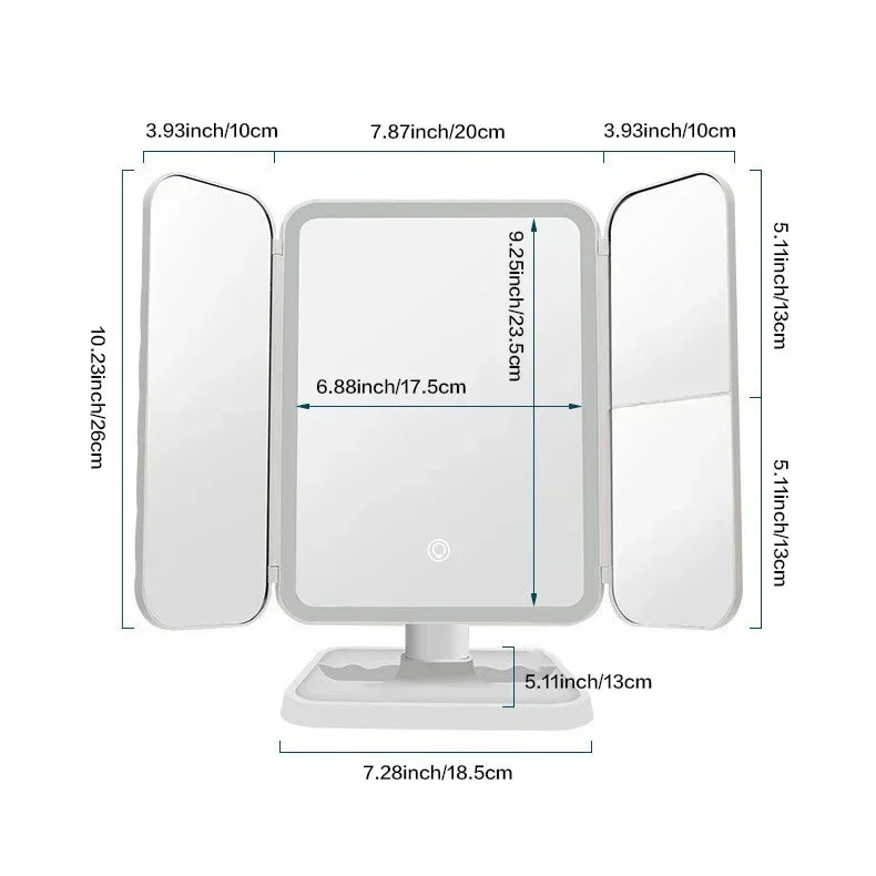 Espejo Maquillaje Plegable 3 Paneles con Luces LED | Luz de Relleno Inteligente | Tocador y Dormitorio - Firu Total Sales
