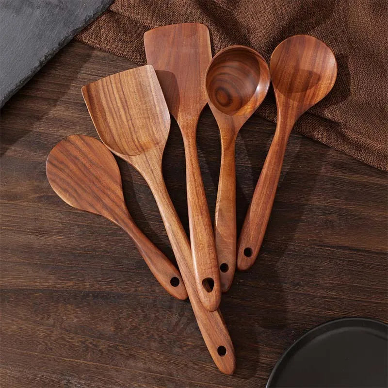 Set 5 Utensilios de Cocina de Madera | Sin Olor | Resistente al Calor | Hogar 🍳