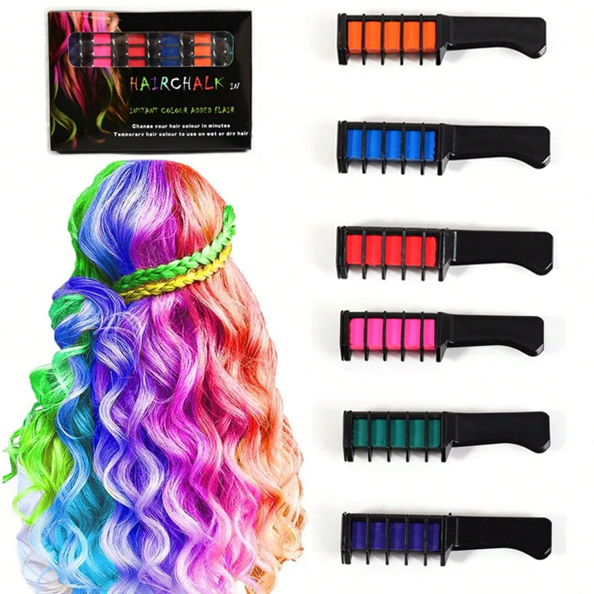 6-Piece Temporary Hair Dye Set, New Chalk Comb Temporary Washable Hair Dye, Suitable for Girls' Birthday Role-Playing DIY