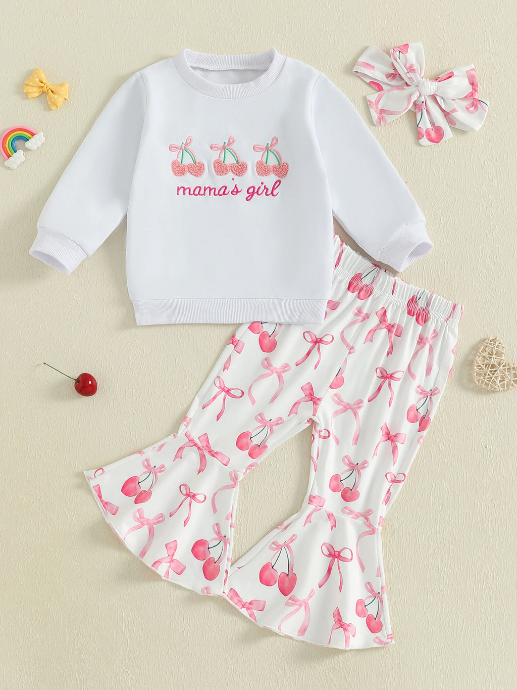 Toddler Girls Adorable Clothing Set with Cherry Embroidery Sweatshirt Bow Print Flared Pants and Matching Headband - 3 Piece - Firu Total Sales