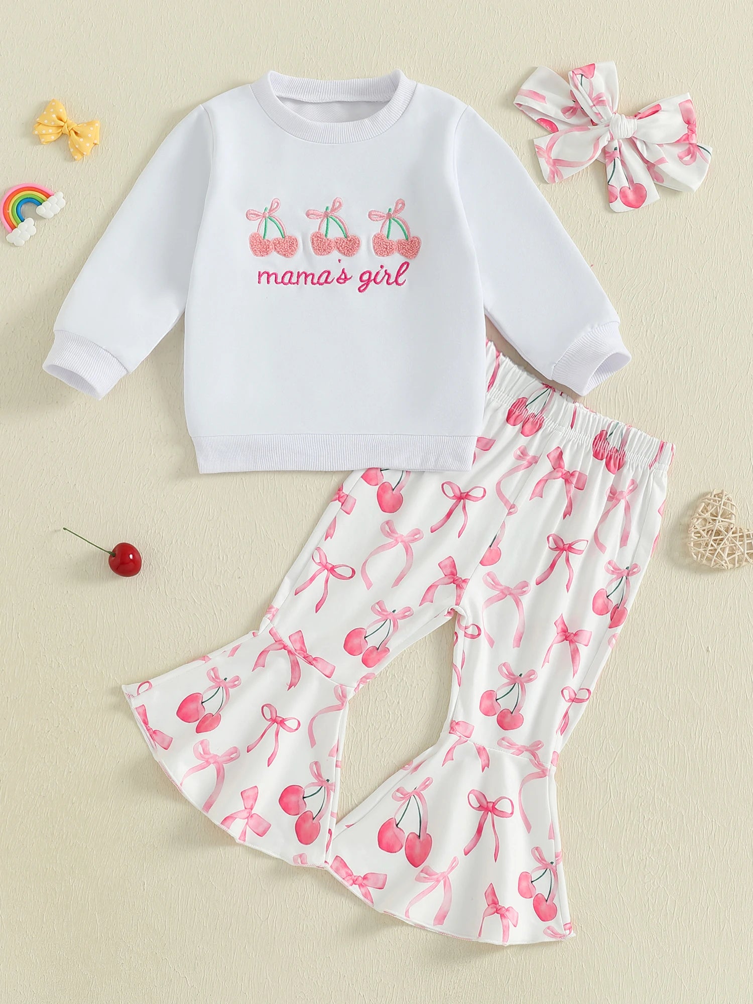 Toddler Girls Adorable Clothing Set with Cherry Embroidery Sweatshirt Bow Print Flared Pants and Matching Headband - 3 Piece - Firu Total Sales