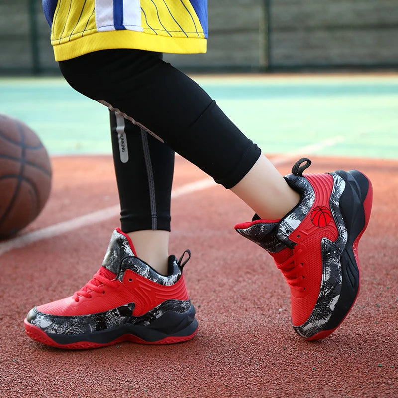 Kids' High-Top Basketball Sneakers – Anti-Slip, Star Pattern, Lace-Up