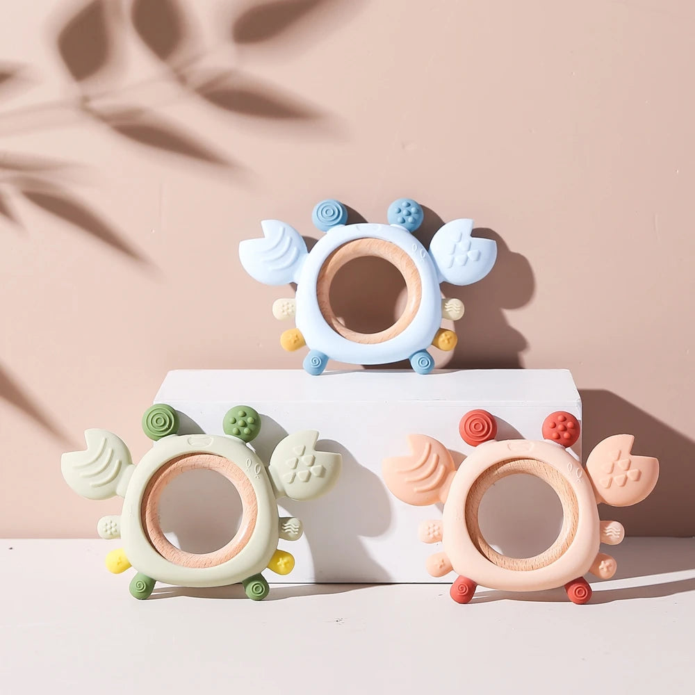 Crab Silicone Teether with Wooden Ring — BPA Free | Baby 0-6 Months