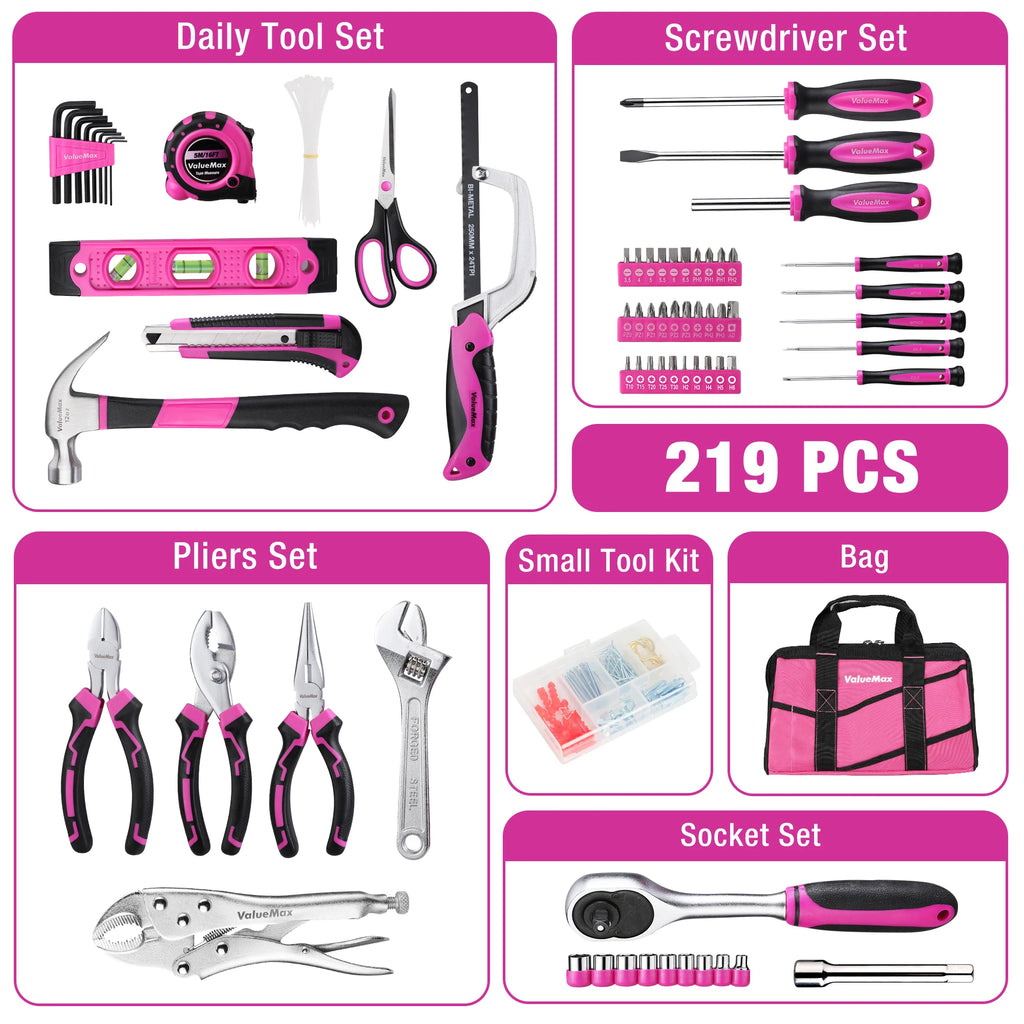 ValueMax Home Tool Set, 218-Piece Basic Household Repairing Tool Kit with 13-Inch Large Opening Tool Bag, Orange General Hand To - Firu Total Sales