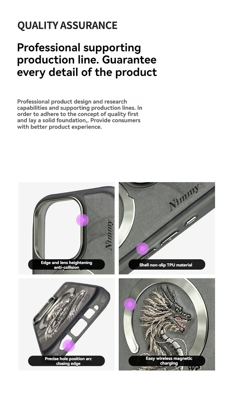 Dragon Phoenix 3D Embroidery Protective Case For iPhone 16 Pro Max Magnetic Wireless Charger Trend Original Fashion Cover - Firu Total Sales