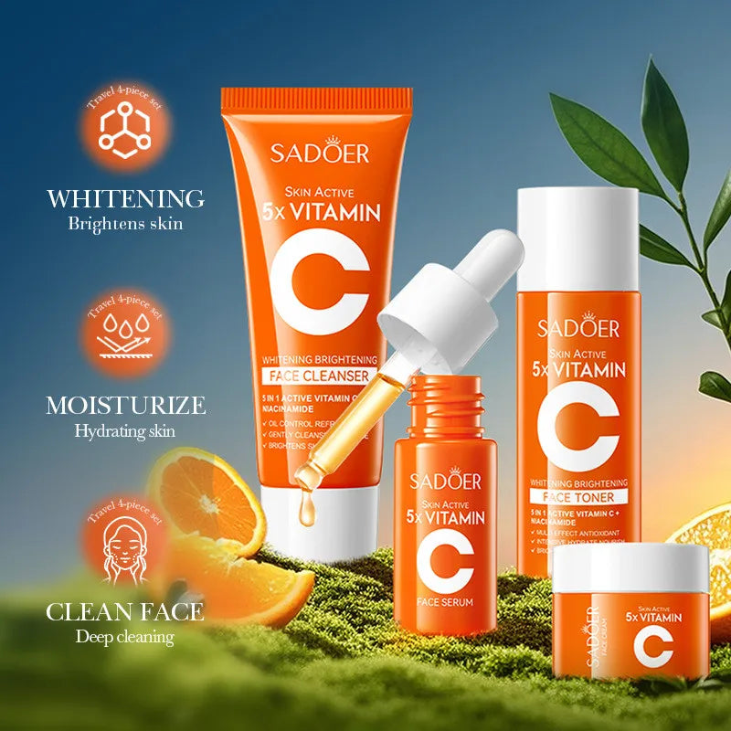 SADOER Vitamin C Skincare Kit 5-in-1 | Cleanser, Toner, Serum & Cream | Travel Set