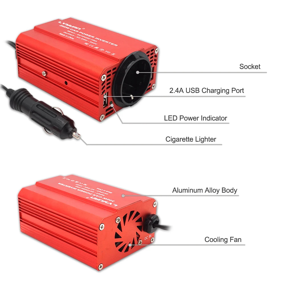 Inversor de Corriente Foval 300W | DC 12V a AC 110V/220V | Dual USB | Cargador Coche | Enchufe EU/US - Firu Total Sales