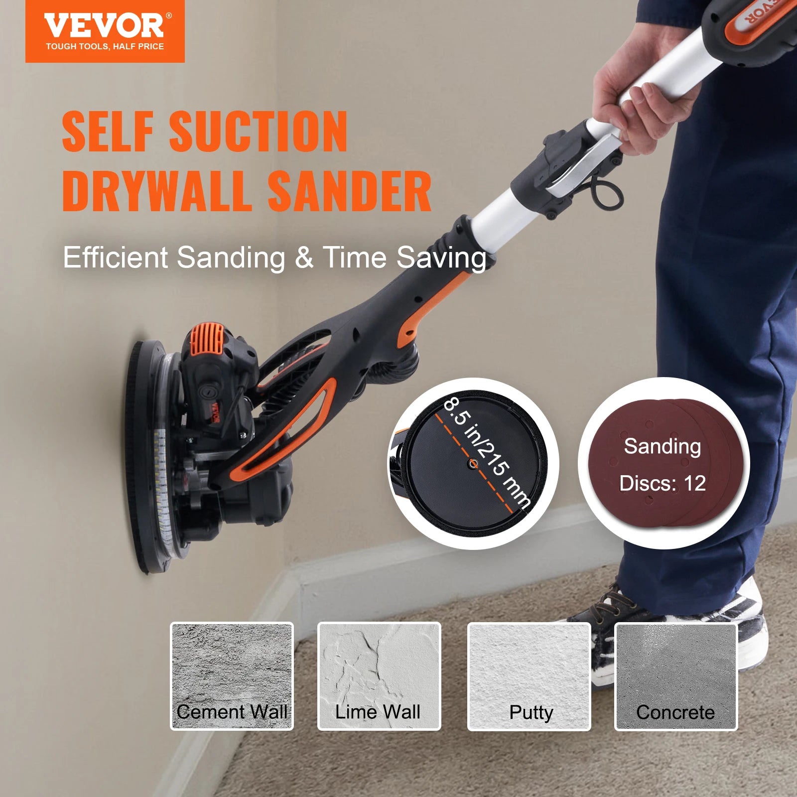 SucceBuy 900W Drywall Sander Brush Motor Electric Adjustable Variable Speed with Self-Suction Handle Wall Grinder Sander Machine