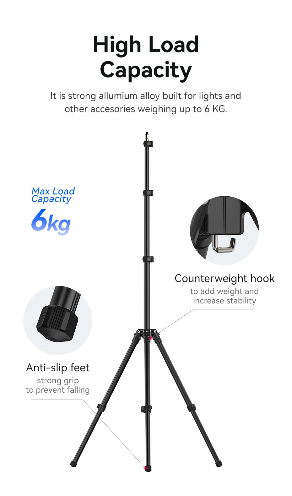 Ulanzi TT43 1.9M Aluminum Alloy Light Stand Reversible Leg Light Stand Tripod for LED Light Projector Flash Softbox Max Load 6KG