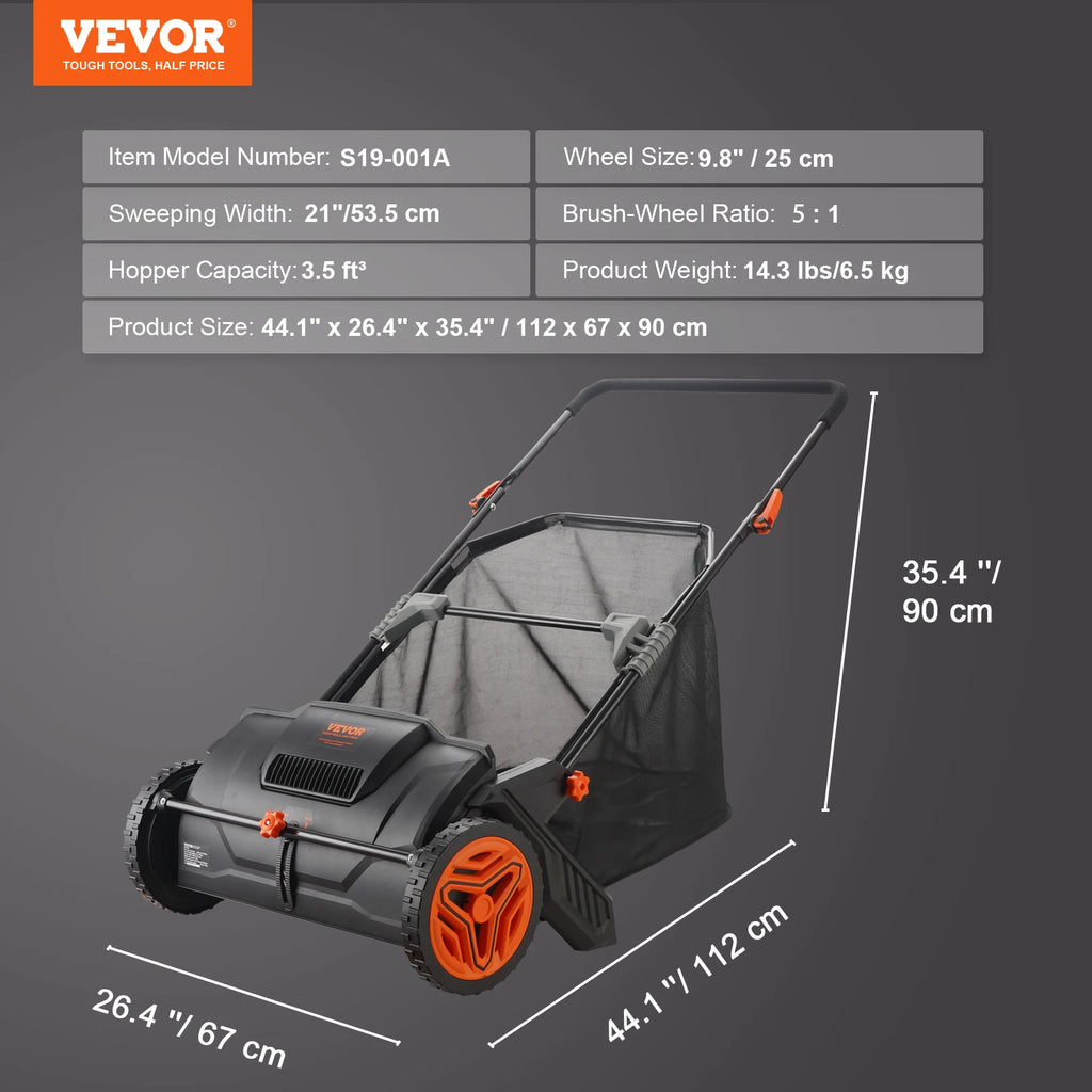SucceBuy Push Lawn Sweeper 3.5cu.ft 21inLeaf Grass Collector Steel Durable Capacity Mesh Collection Hopper Bag 2Spinning Brushes