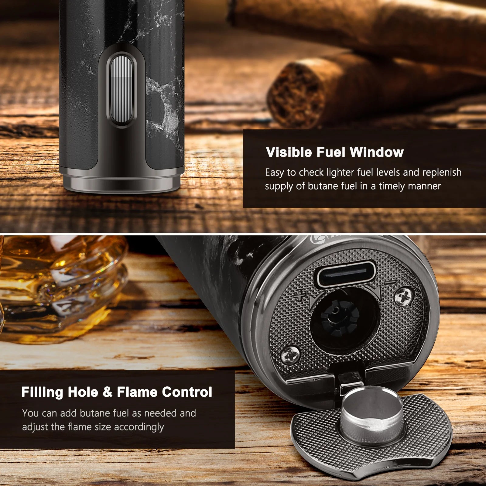Cigar Lighter with Cigar Punch Holder,Windproof Electric Torch Lighter,Refillable Butane Lighters for Smoking with Gift Box