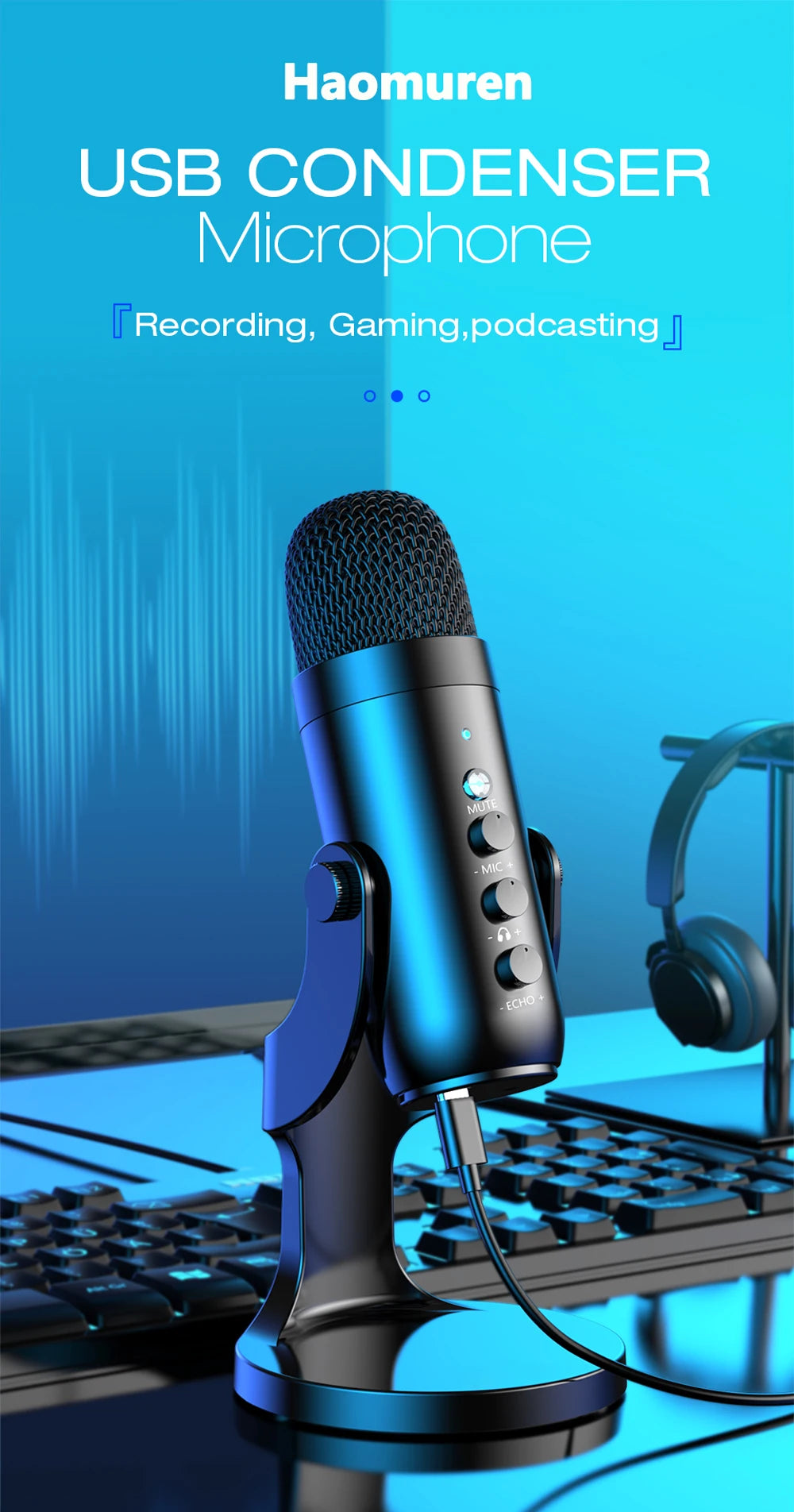 Micrófono USB Condensador HAOMUREN | PC/Mac Gaming Podcast | Adaptador Teléfono y Salida Auriculares - Firu Total Sales