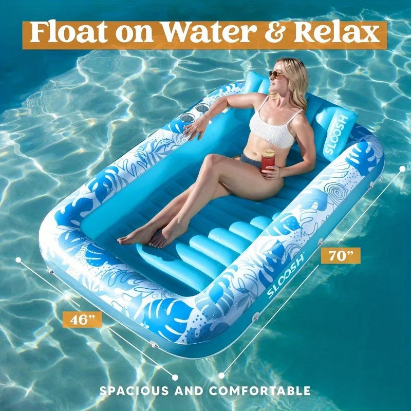 JOYFY 4 in 1 Suntan Tub Raft Floatie Inflatable Tanning Pool  70" x 46" Pool Floats Adult with Pillow for Water Party Gifts