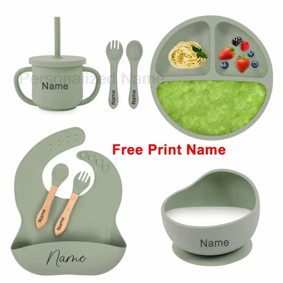 Set 6pcs Vajilla de Silicona para Bebé | Bol, Plato, Cuchara, Tenedor, Babero y Vaso 🍼