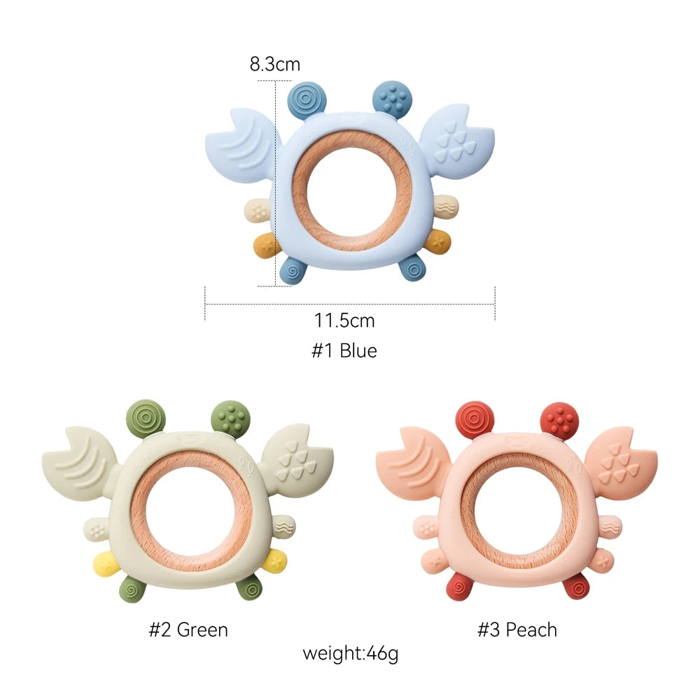 Crab Silicone Teether with Wooden Ring — BPA Free | Baby 0-6 Months