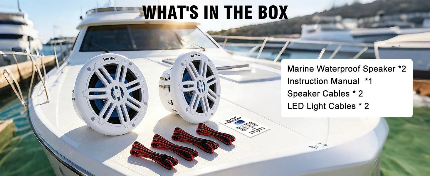 Herdio 6.5 Inch Marine Speaker 350W IP66 Waterproof Coaxial Audio Blue LED Light UV Resistant Grille for Boats ATV/UTV 1 Pair